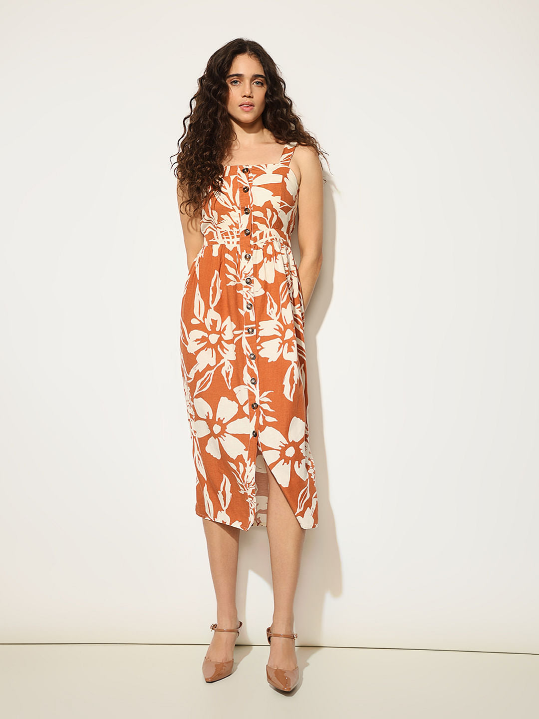 Orange Floral Midi Dress