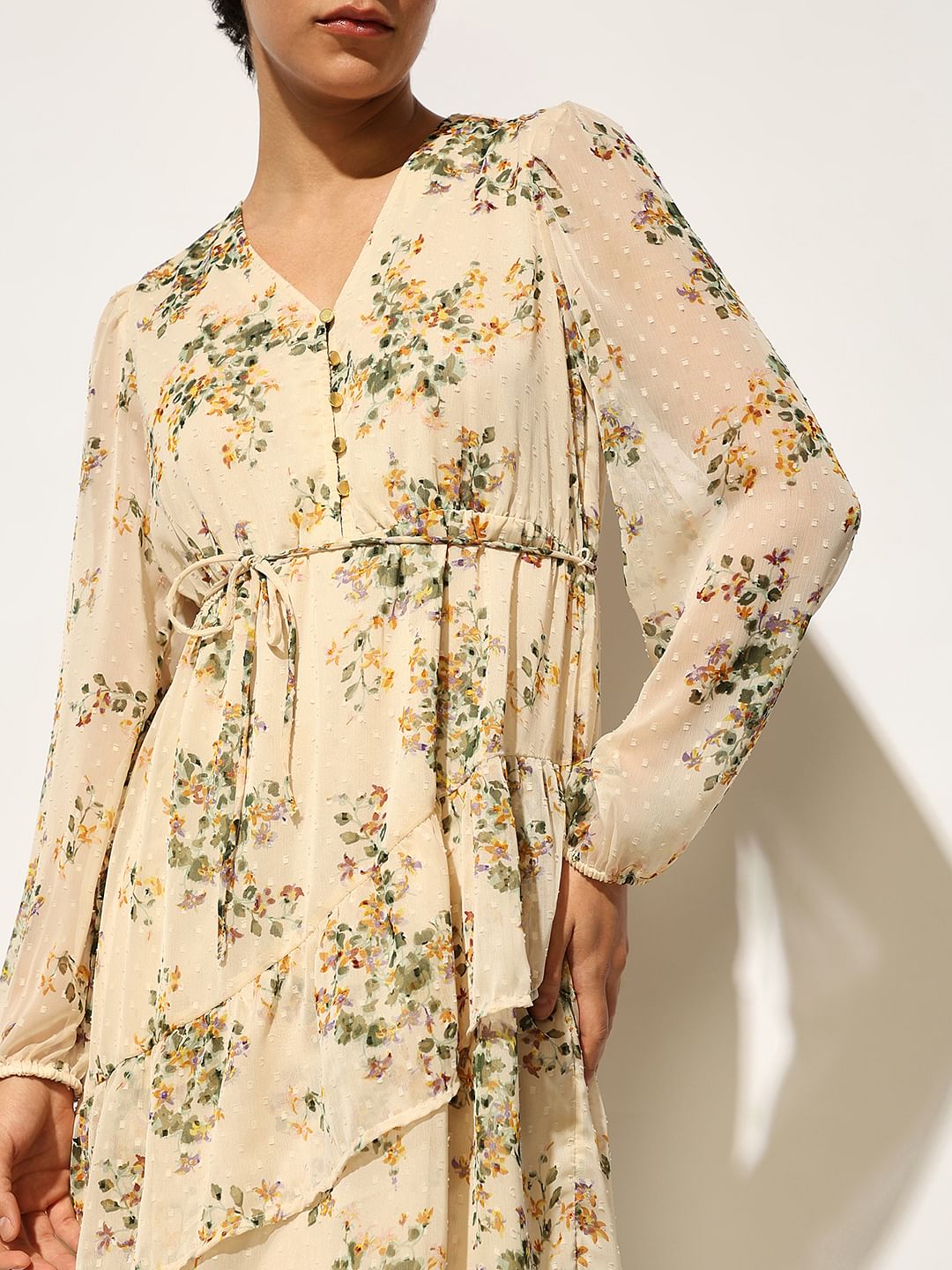 Beige Printed Chiffon Dress