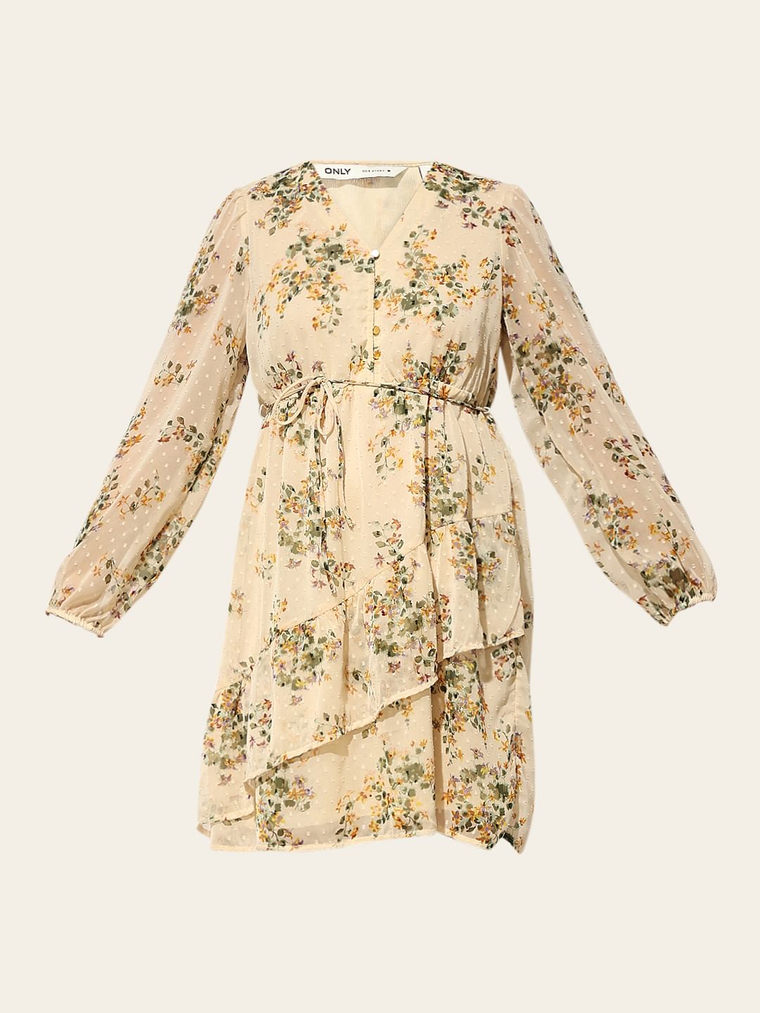 Beige Printed Chiffon Dress