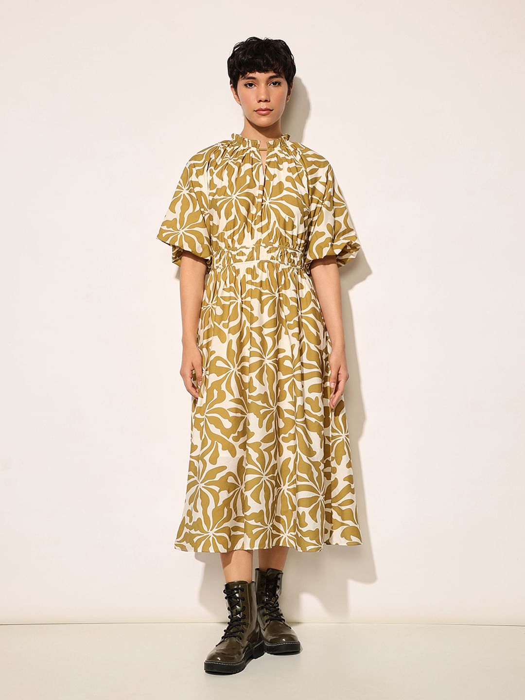 Dark Green Printed Midi Dress