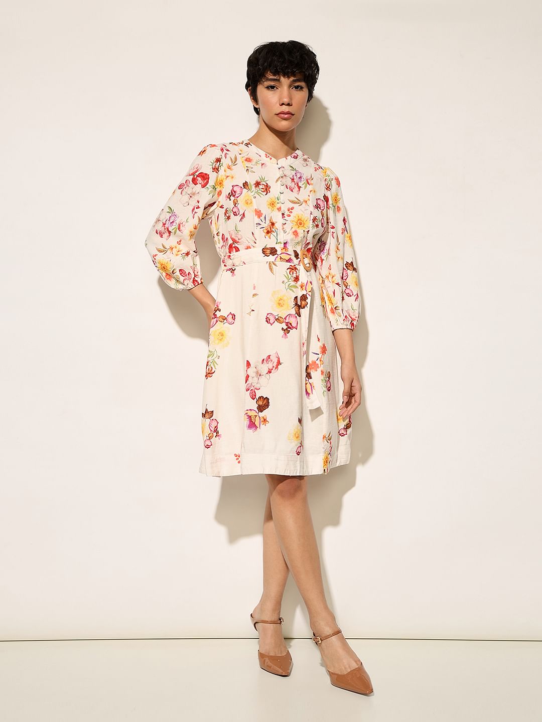 White Floral Belted Dress