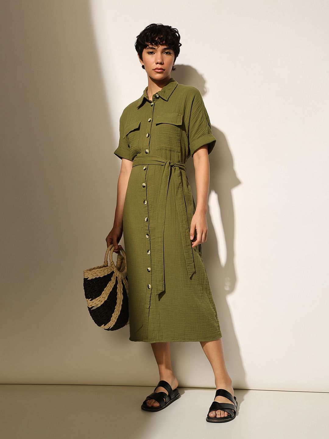 Olive Cotton Shirt Dress