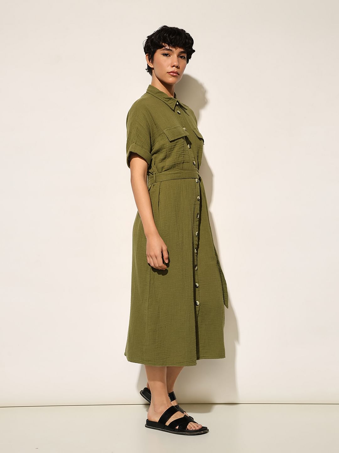 Olive Cotton Shirt Dress