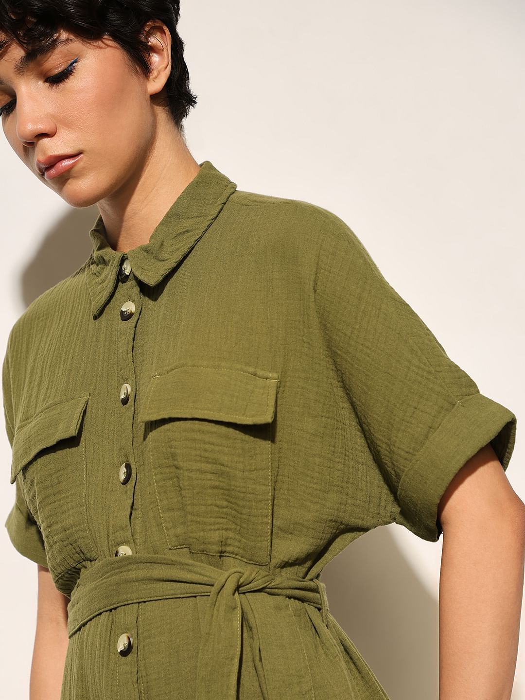 Olive Cotton Shirt Dress