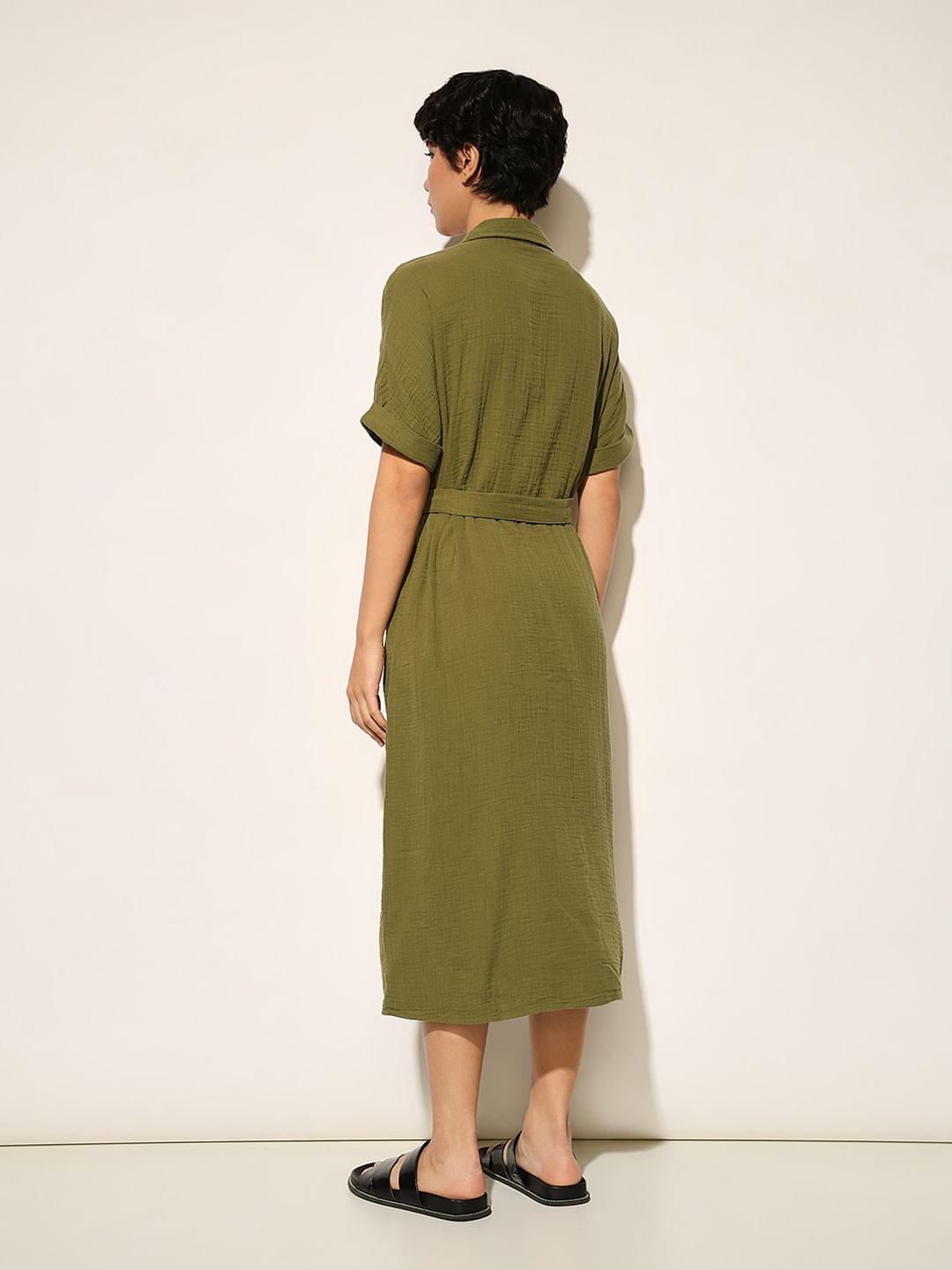 Olive Cotton Shirt Dress