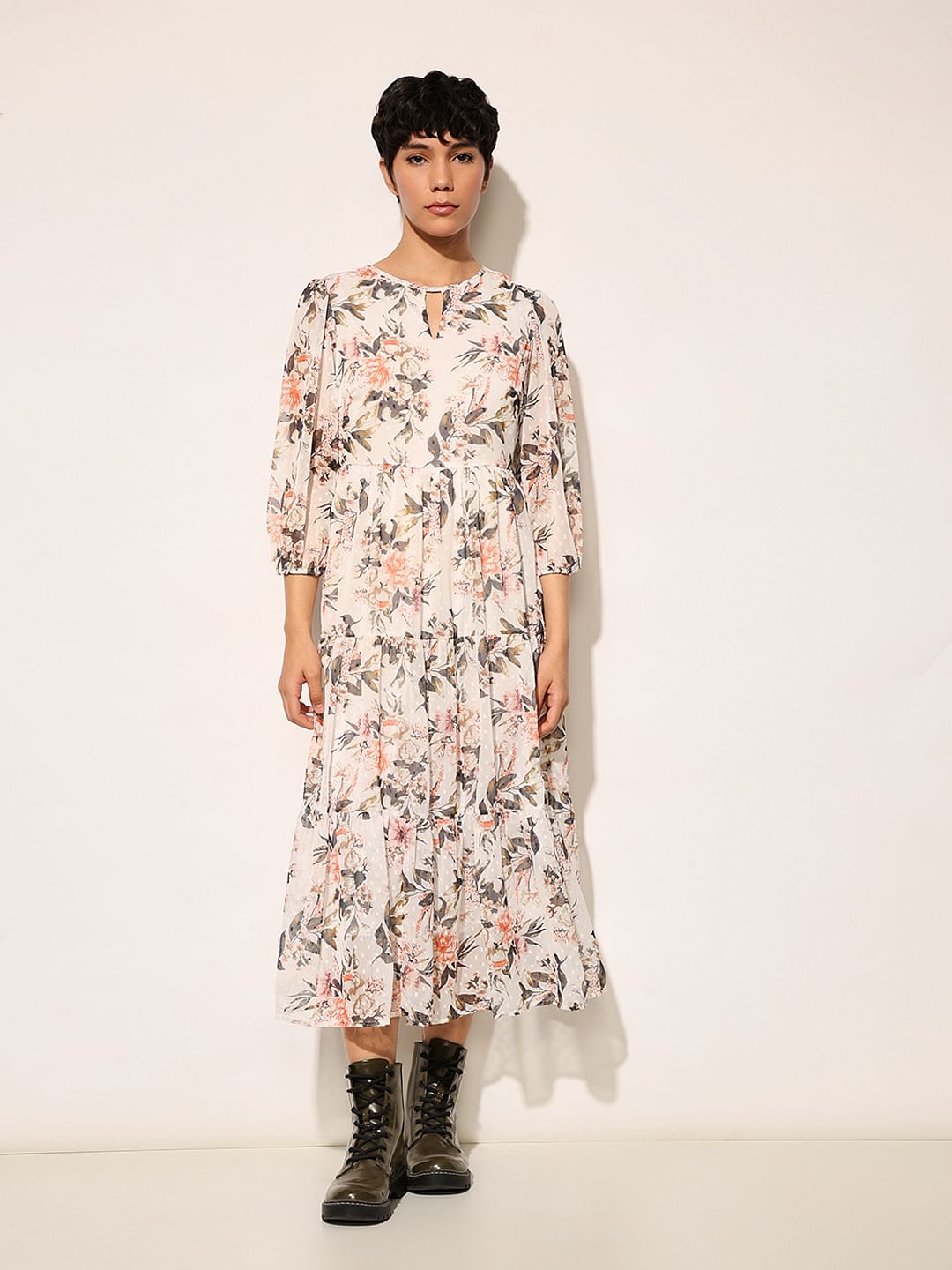 White Floral Print Midi Dress