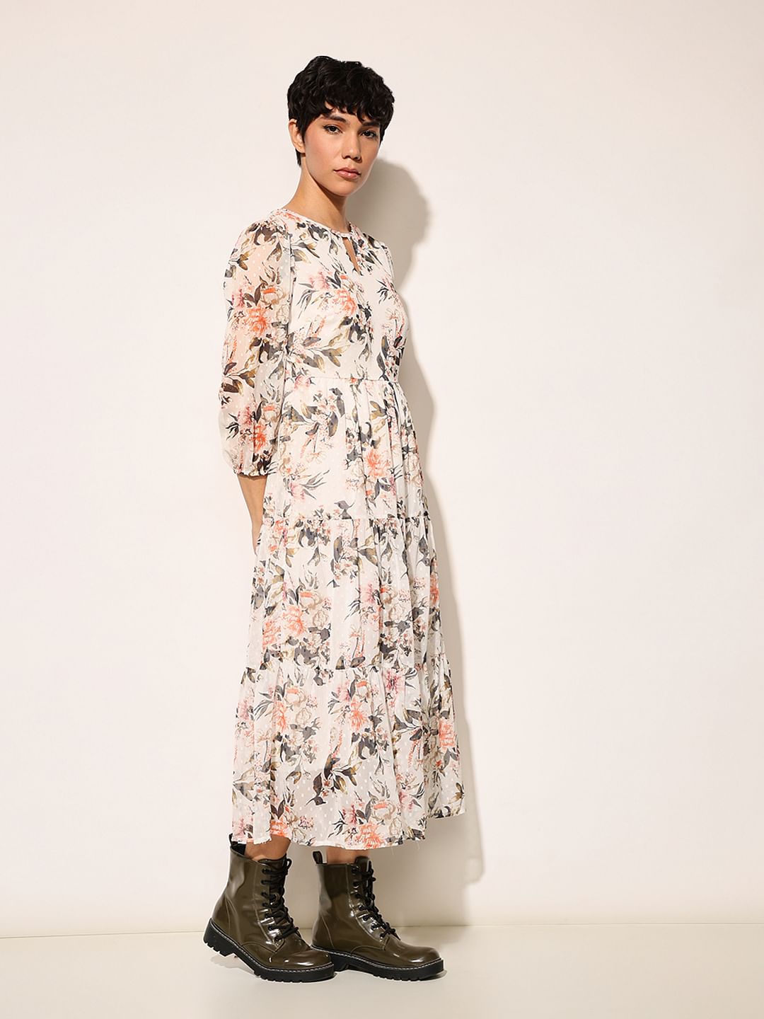 White Floral Print Midi Dress