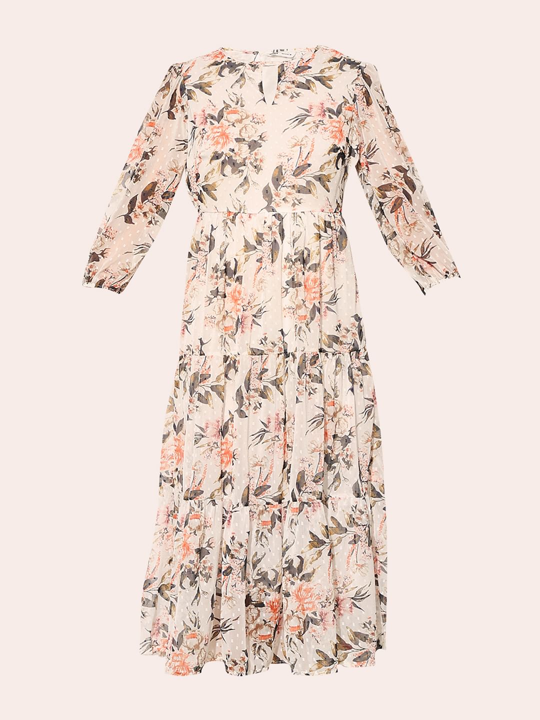 White Floral Print Midi Dress