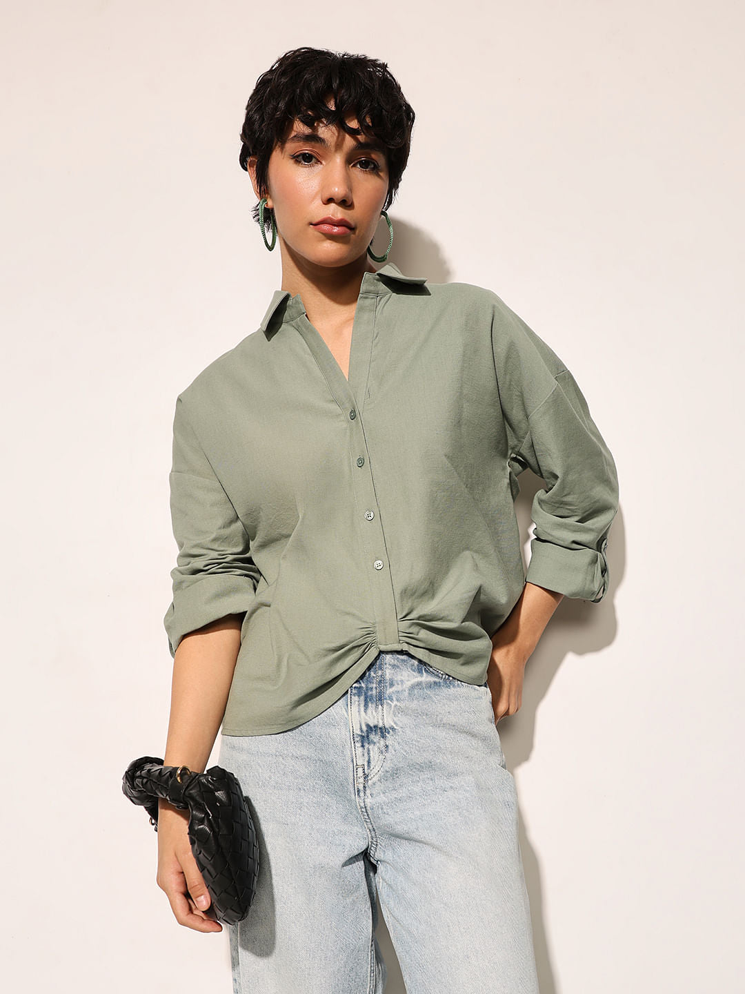 Green Front Gathered Detail Shirt