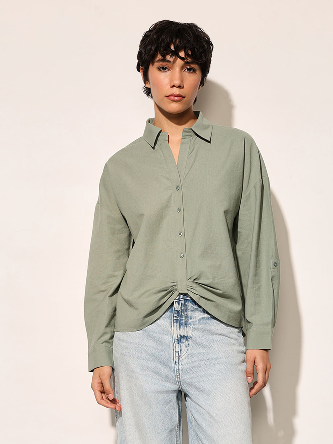 Green Front Gathered Detail Shirt