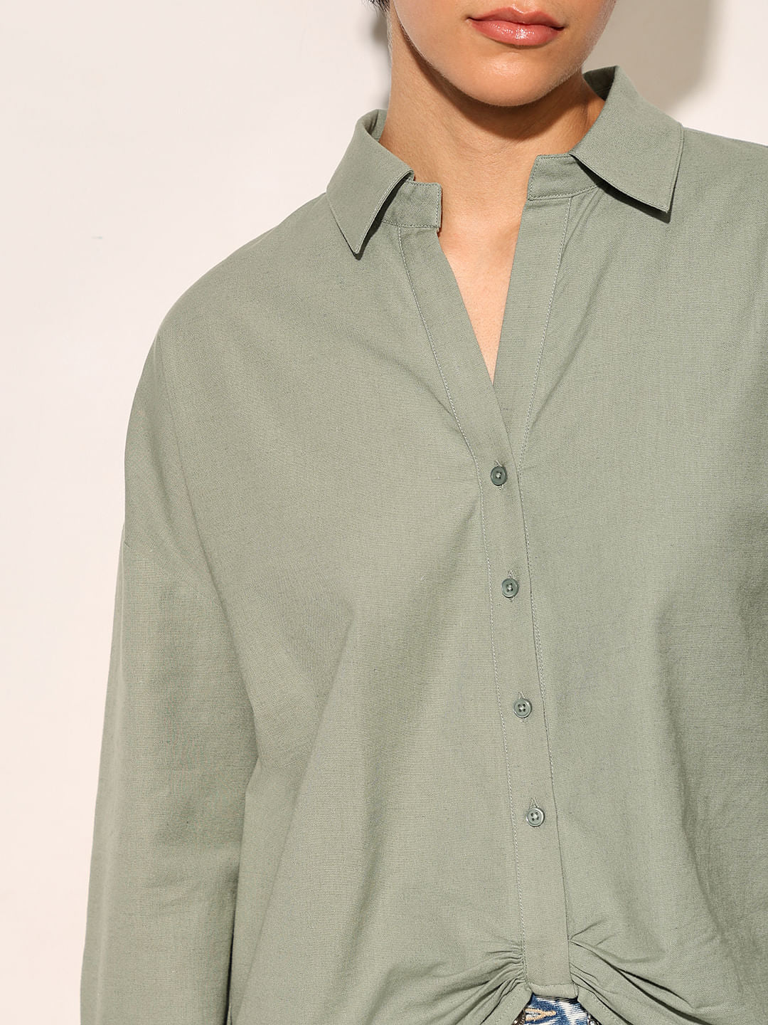 Green Front Gathered Detail Shirt