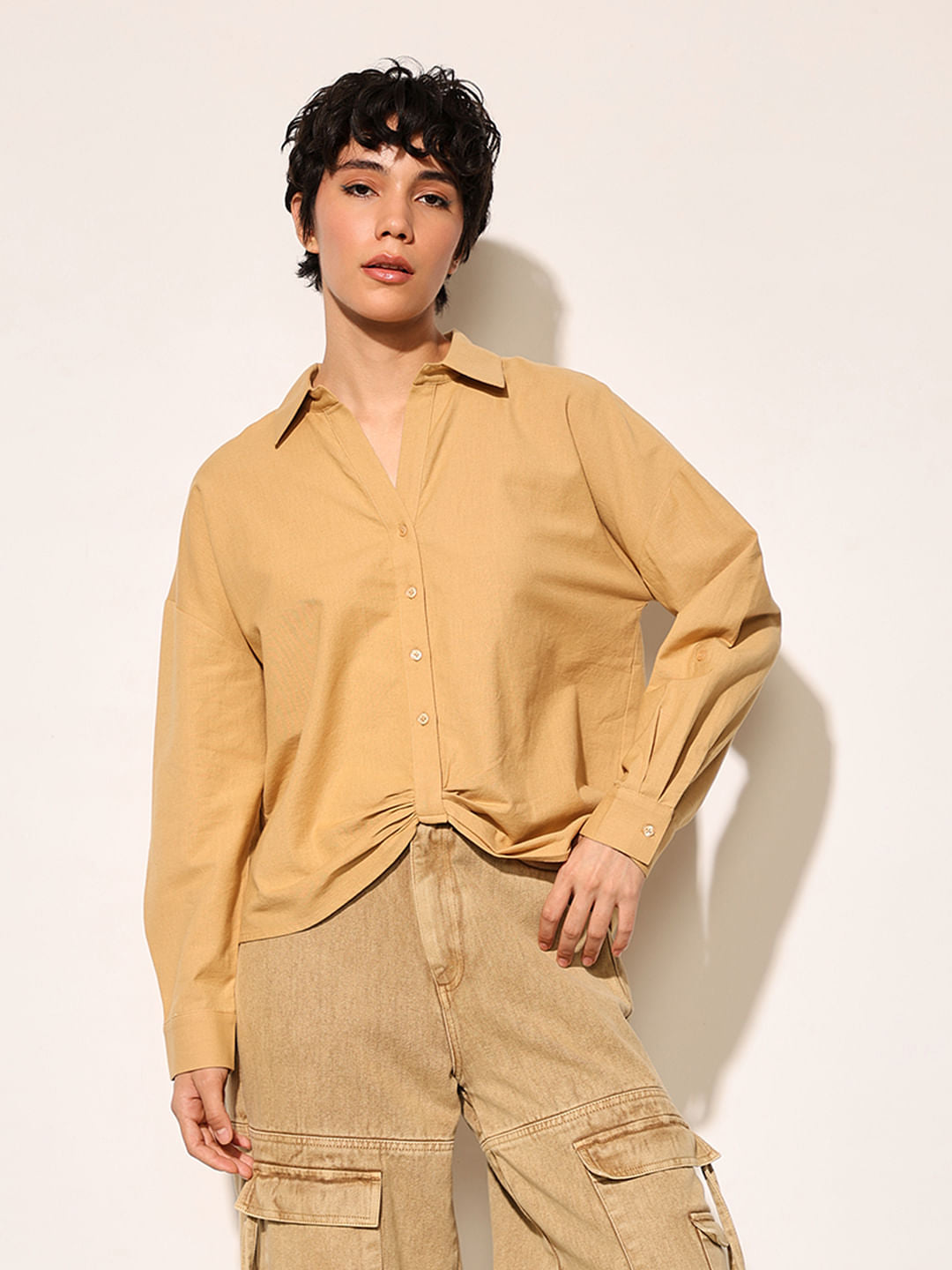Brown Front Gathered Detail Shirt