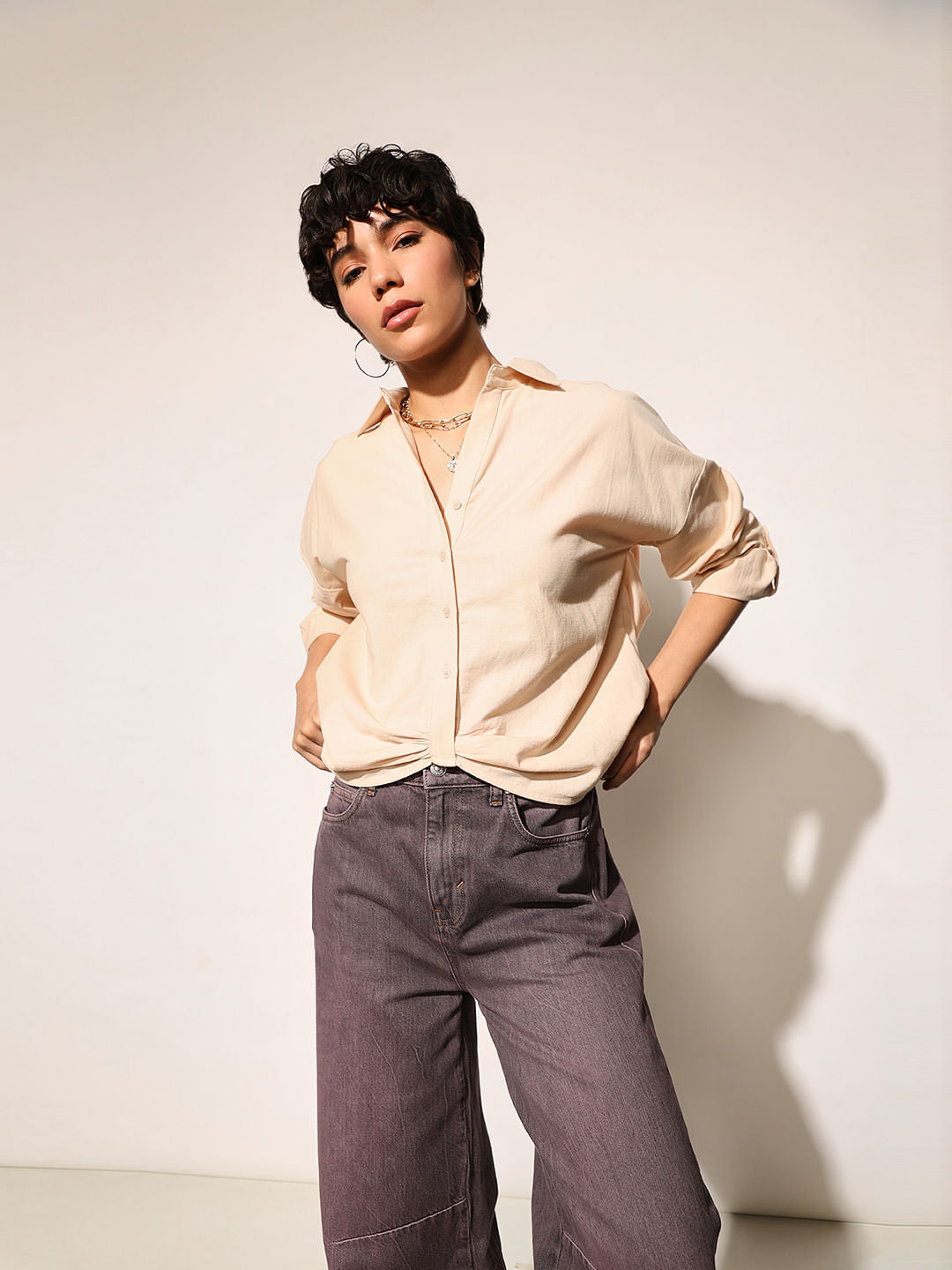 Beige Front Gathered Detail Shirt
