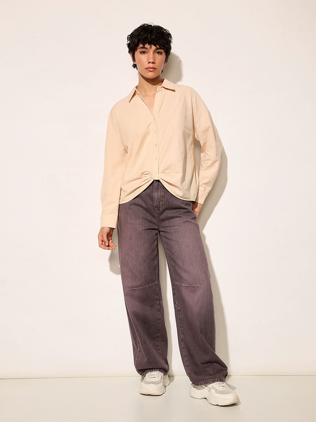Beige Front Gathered Detail Shirt