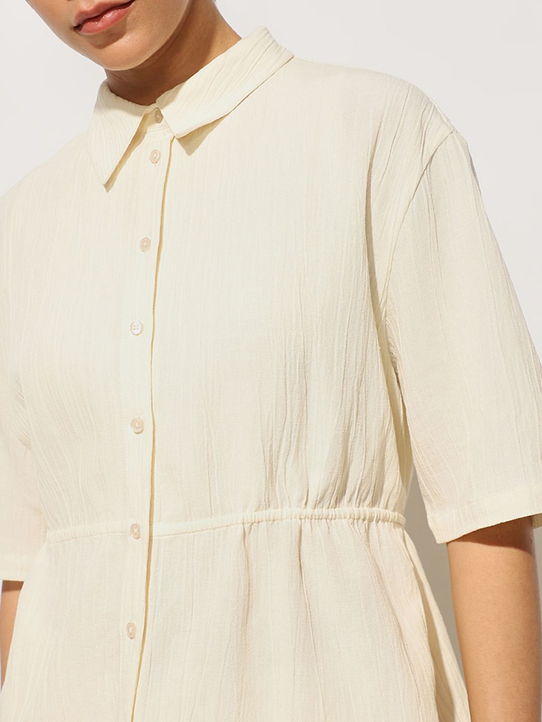 Cream Drawstring Cotton Co-Ord Set Shirt