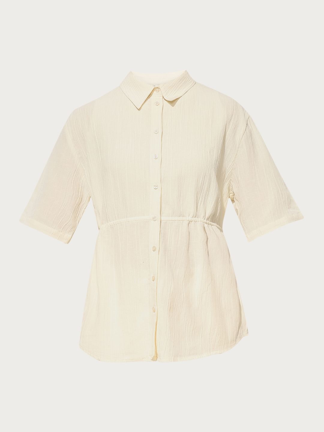 Cream Drawstring Cotton Co-Ord Set Shirt