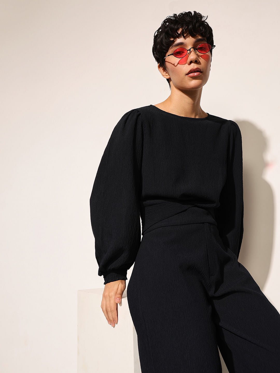 Dark Navy Smocked Crinkle Jersey Top