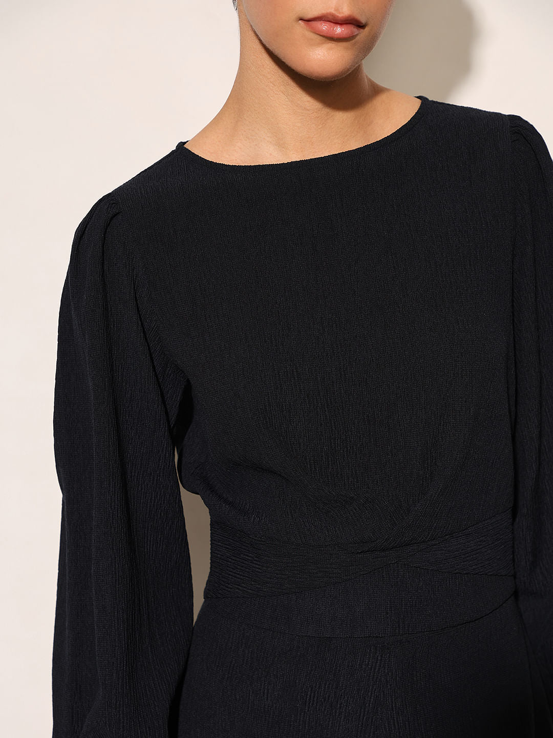 Dark Navy Smocked Crinkle Jersey Top