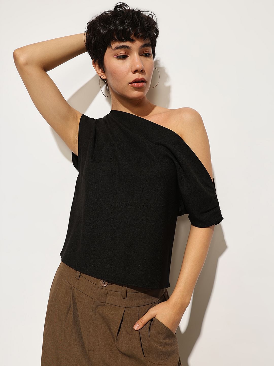 Black Draped One Shoulder Top