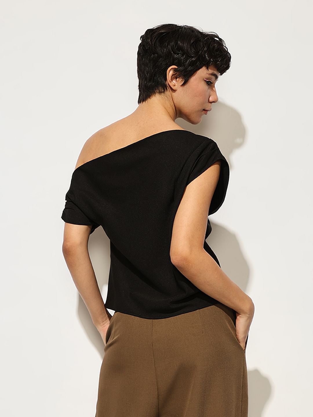 Black Draped One Shoulder Top