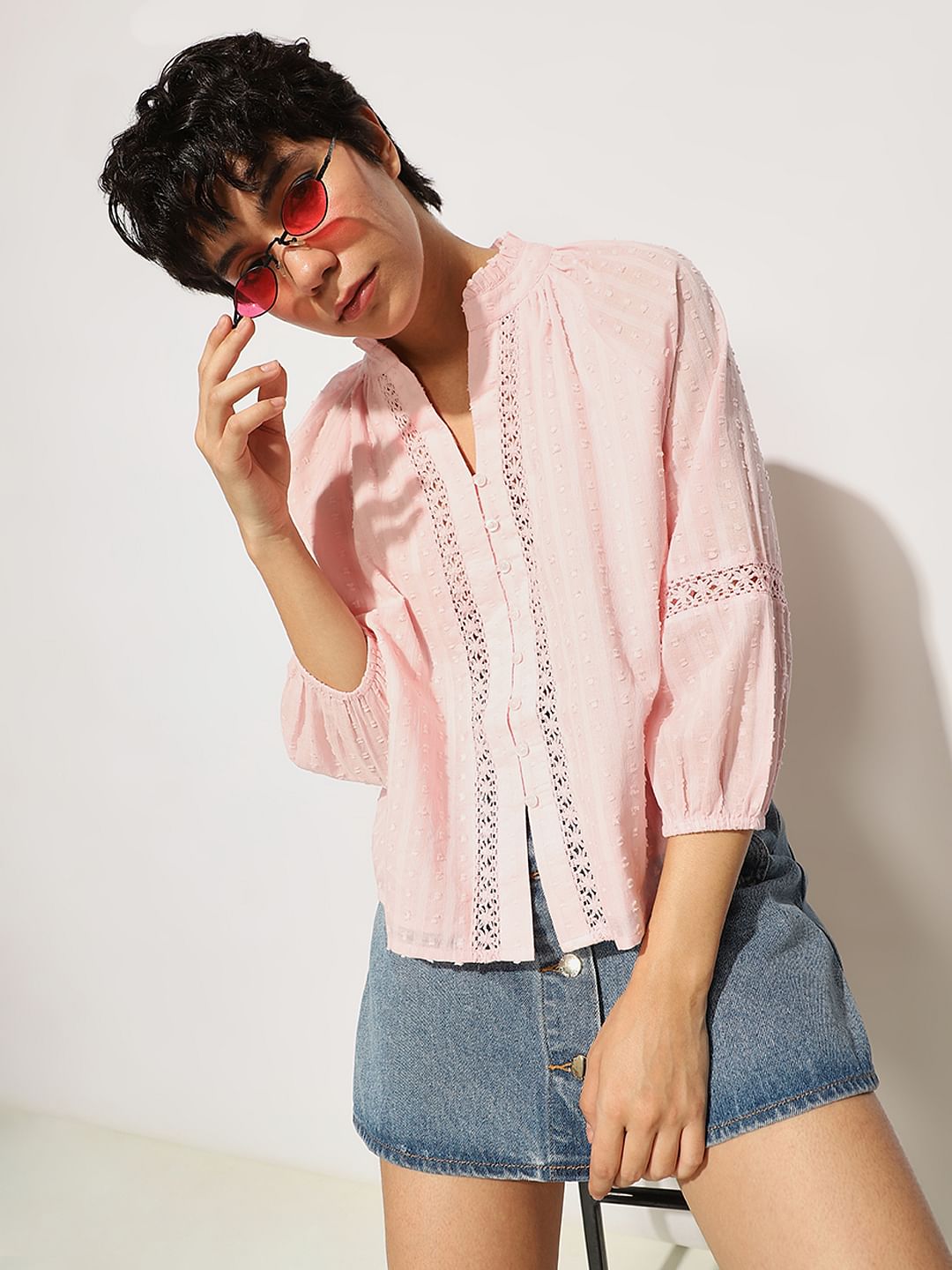 Pink Frill Trimmed Lace Top