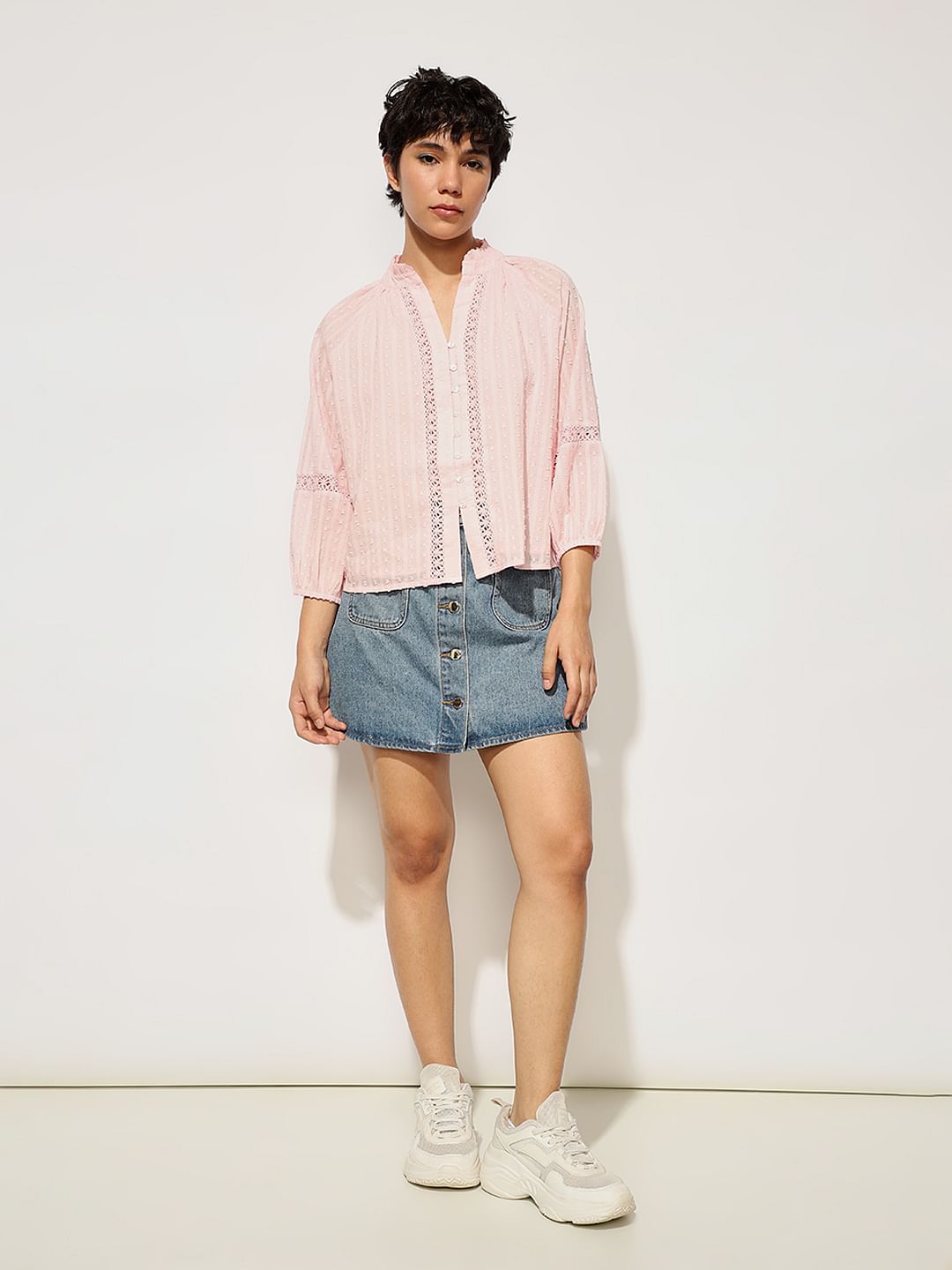 Pink Frill Trimmed Lace Top