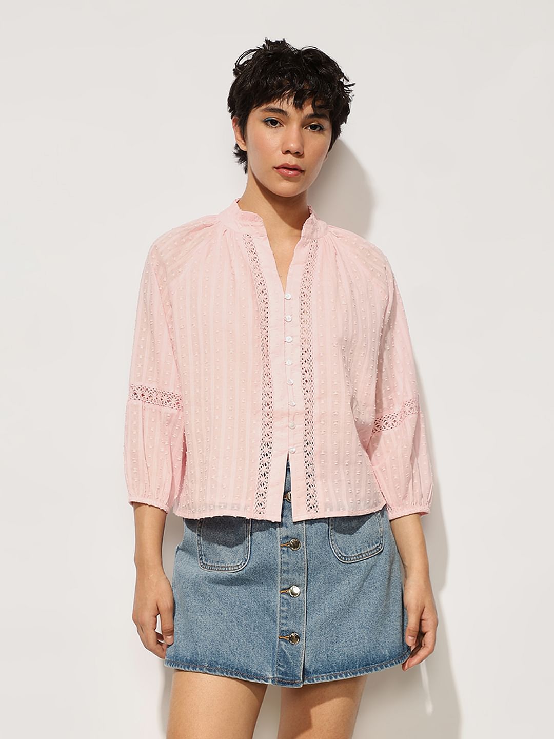 Pink Frill Trimmed Lace Top