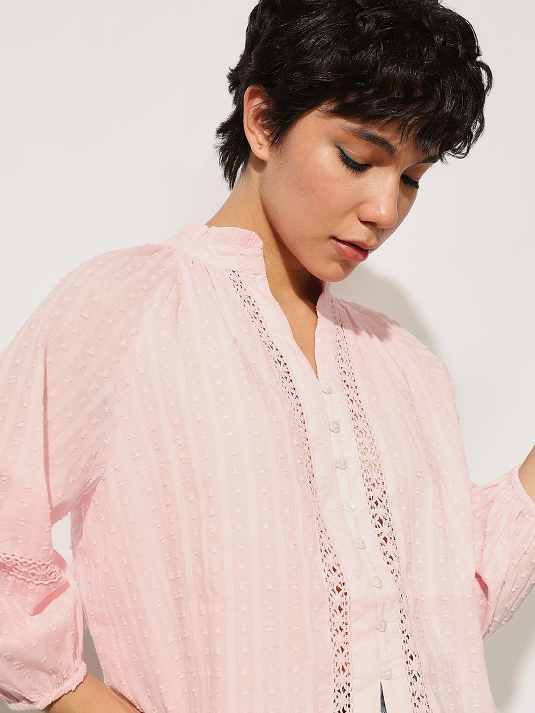 Pink Frill Trimmed Lace Top