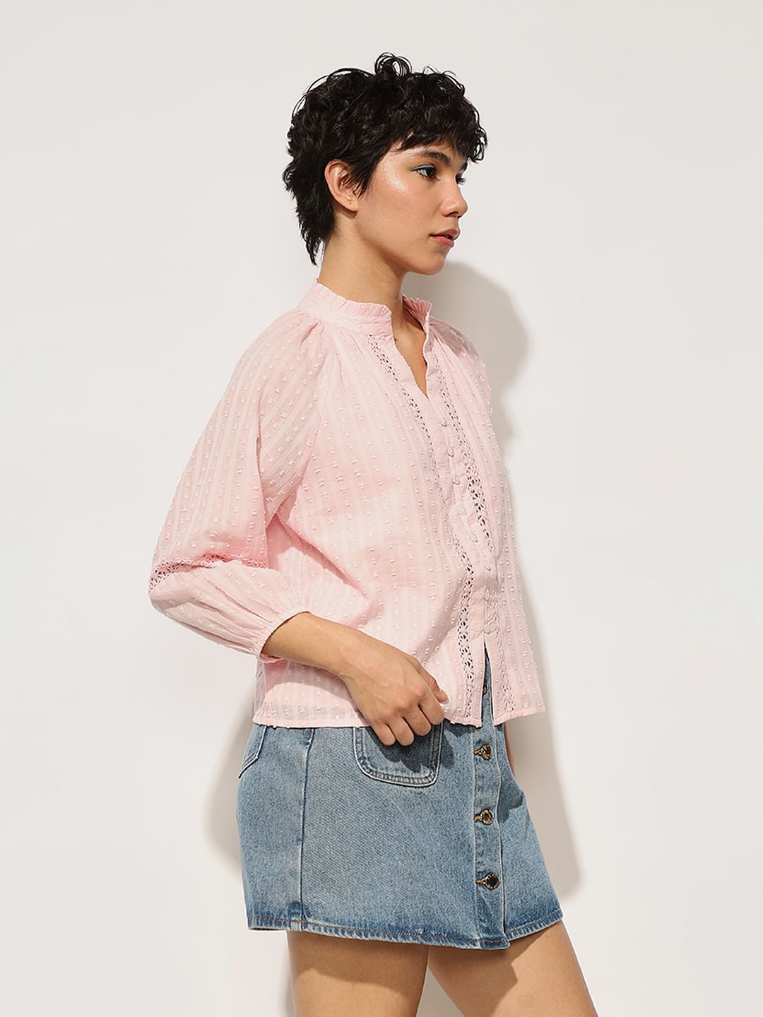 Pink Frill Trimmed Lace Top