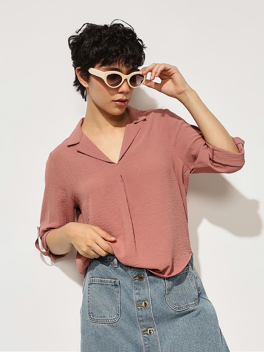 Pink Textured Resort Collar Top