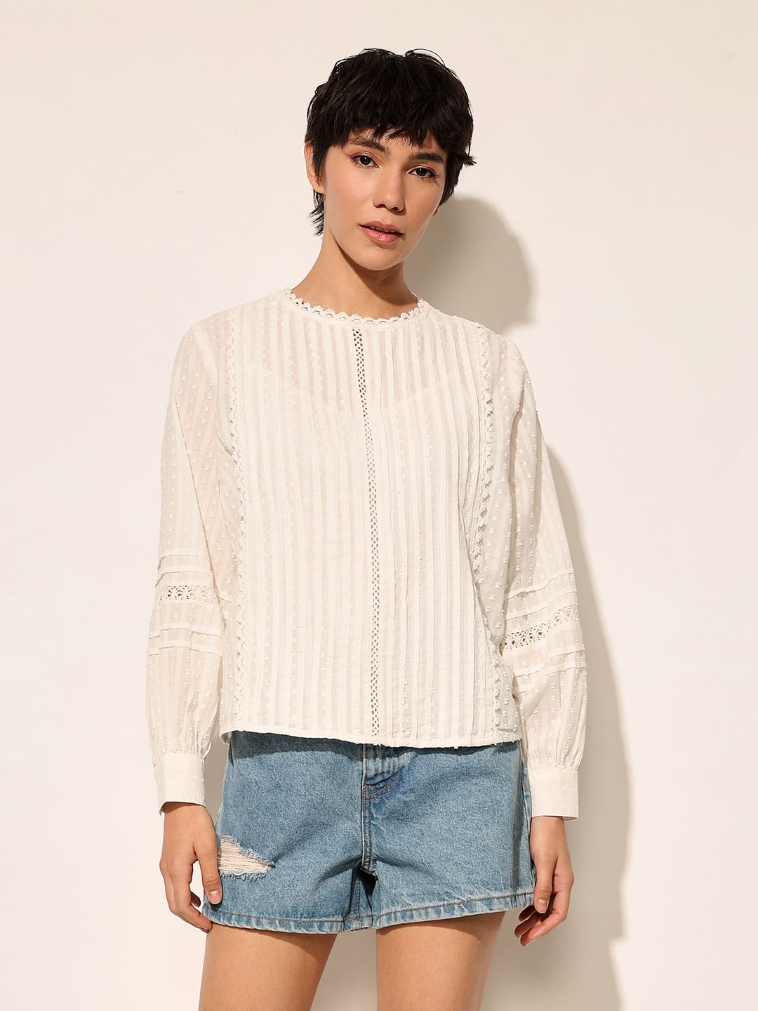 White Crinkle Weave Top