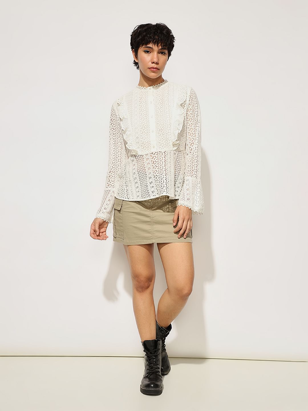 White Frill Trim Lace Peplum Top