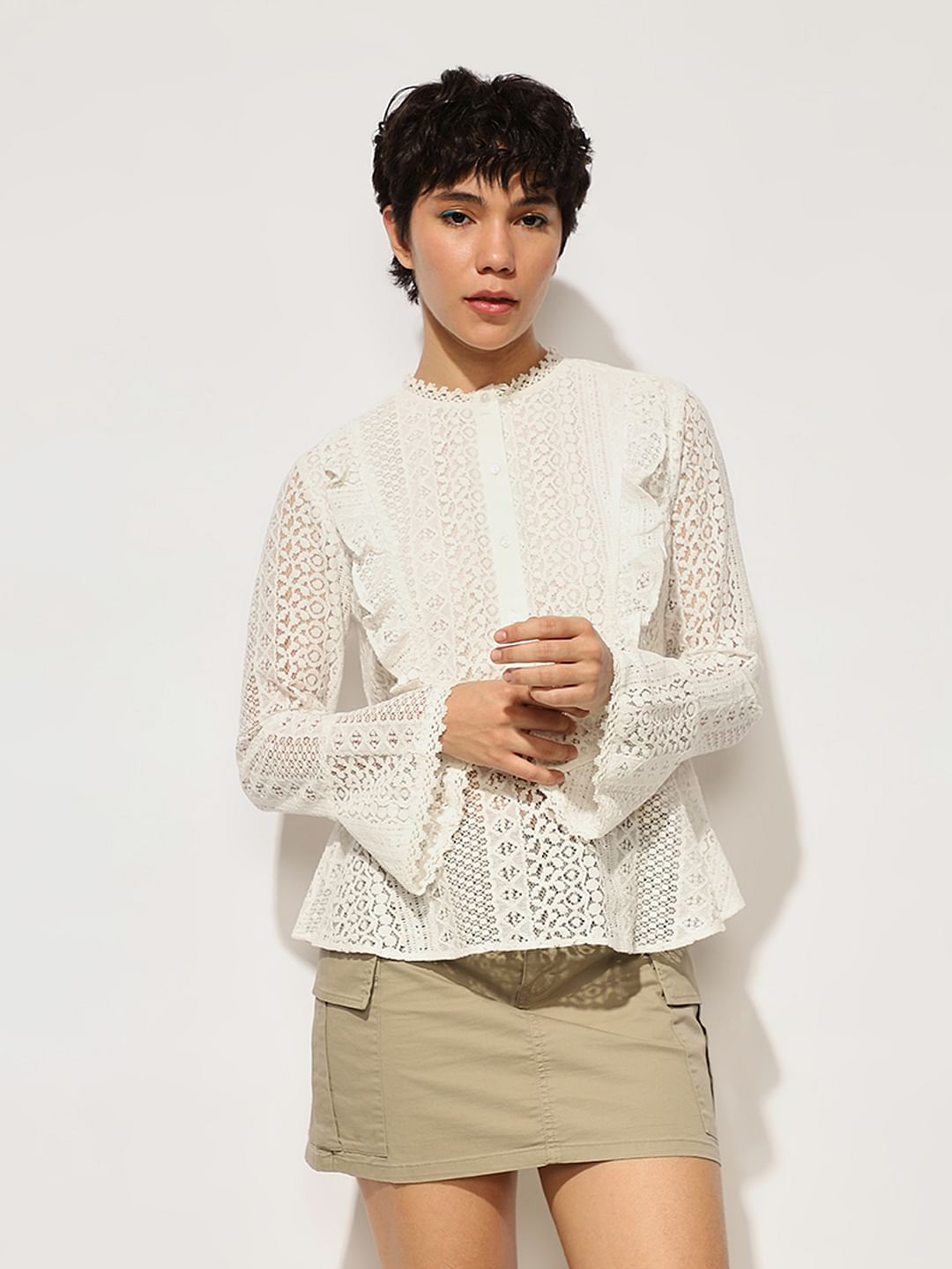 White Frill Trim Lace Peplum Top