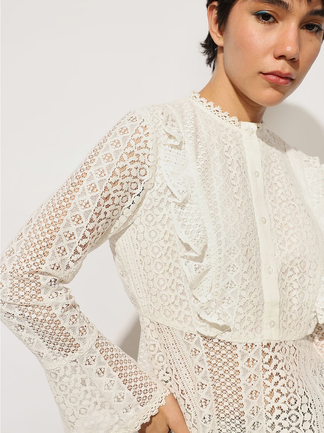 White Frill Trim Lace Peplum Top