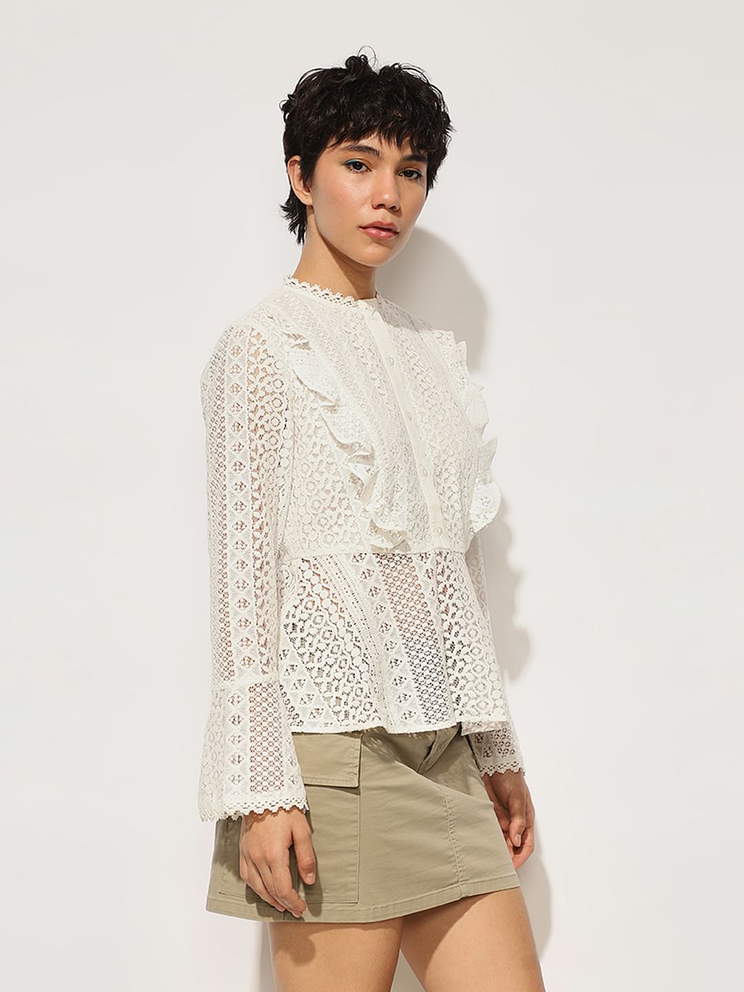 White Frill Trim Lace Peplum Top