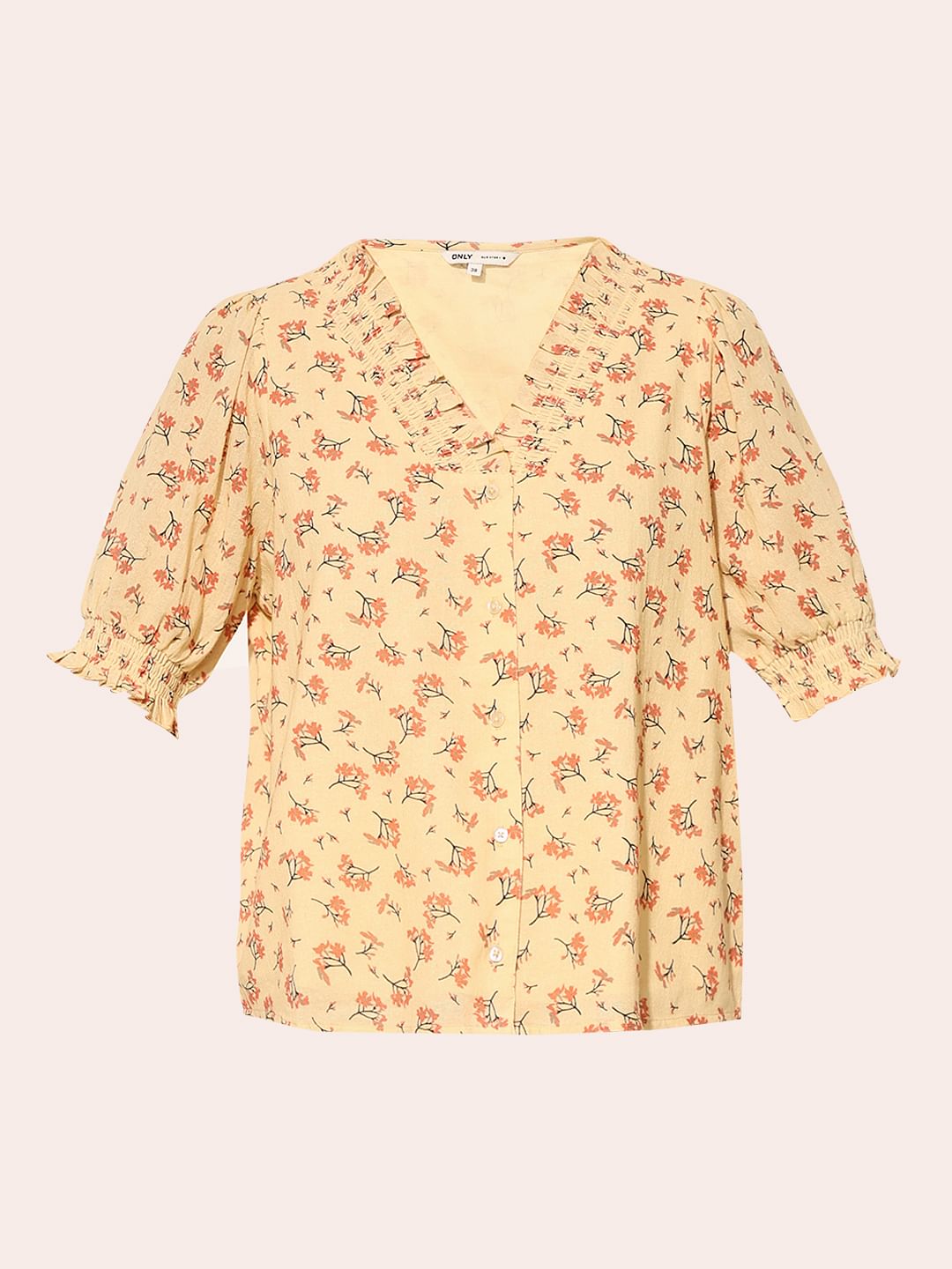 Yellow Printed Smocked Neck Top