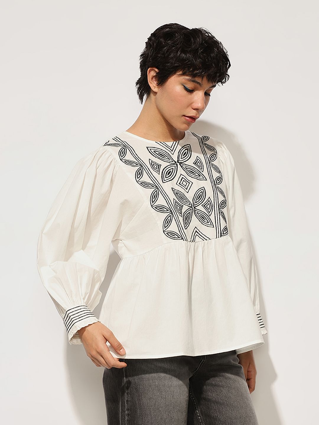 White Embroidered Balloon Sleeved Top