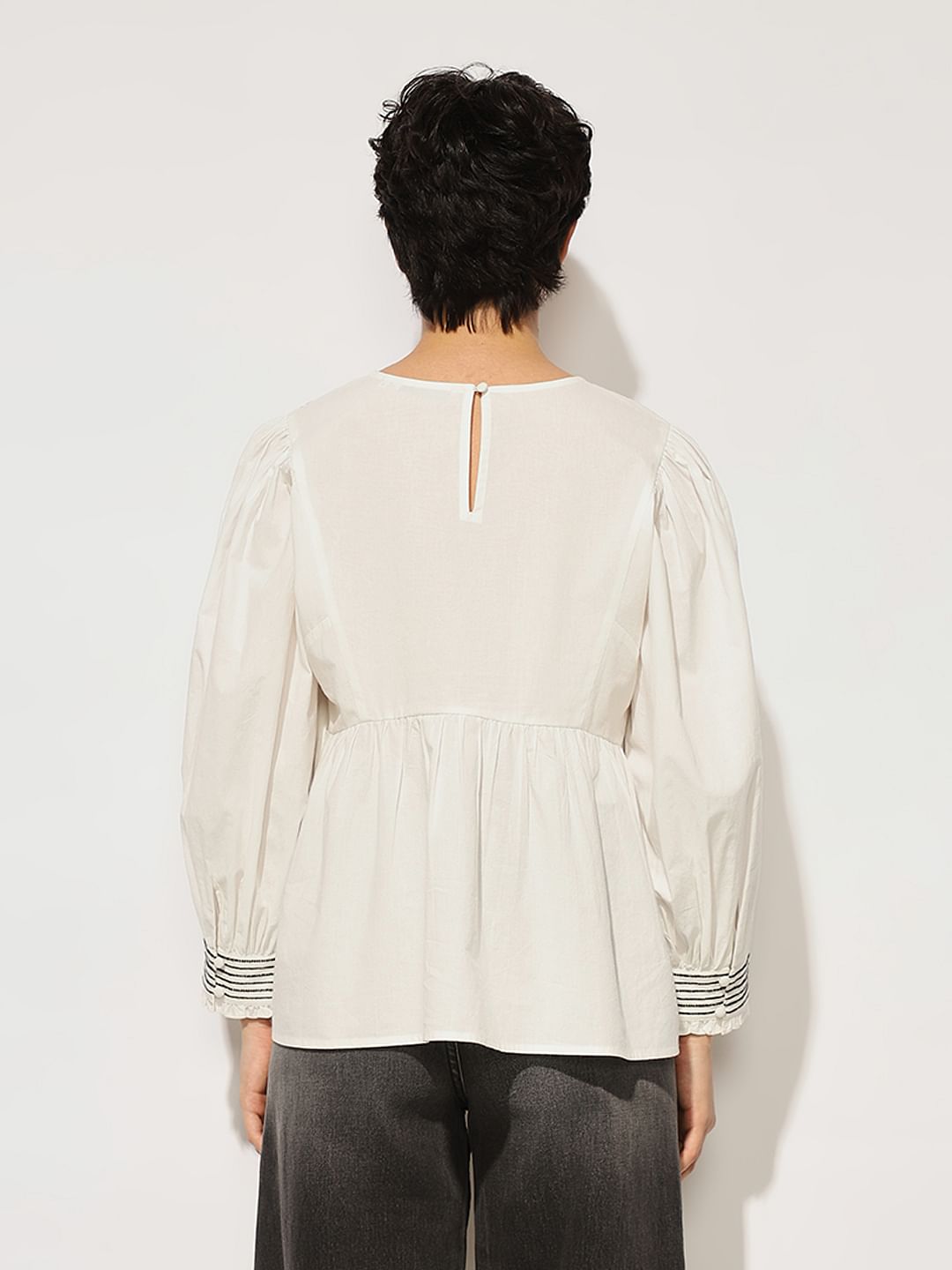 White Embroidered Balloon Sleeved Top