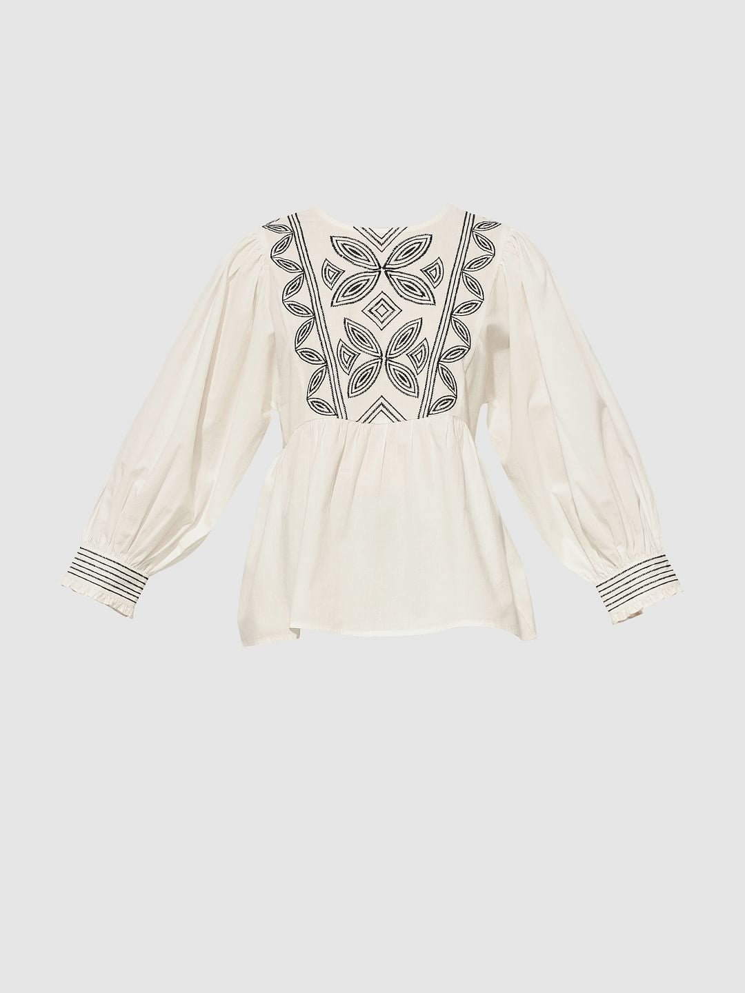 White Embroidered Balloon Sleeved Top