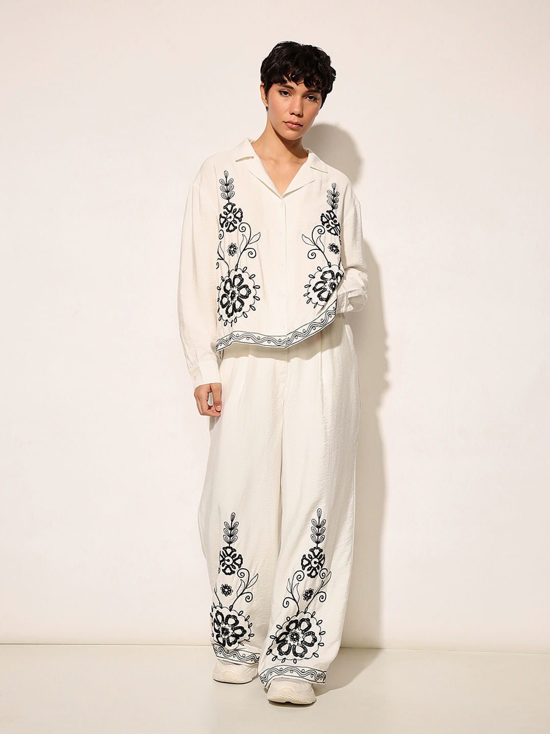 White Floral Embroidered Shirt