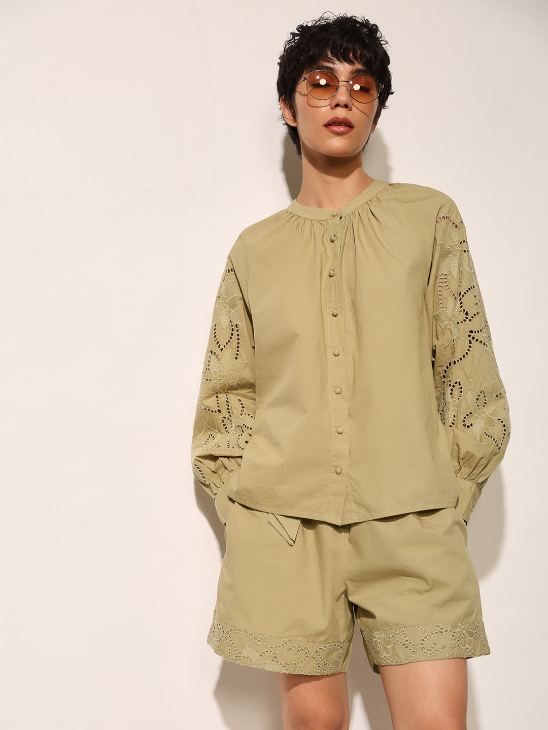 Green Embroidered Balloon Sleeves Top