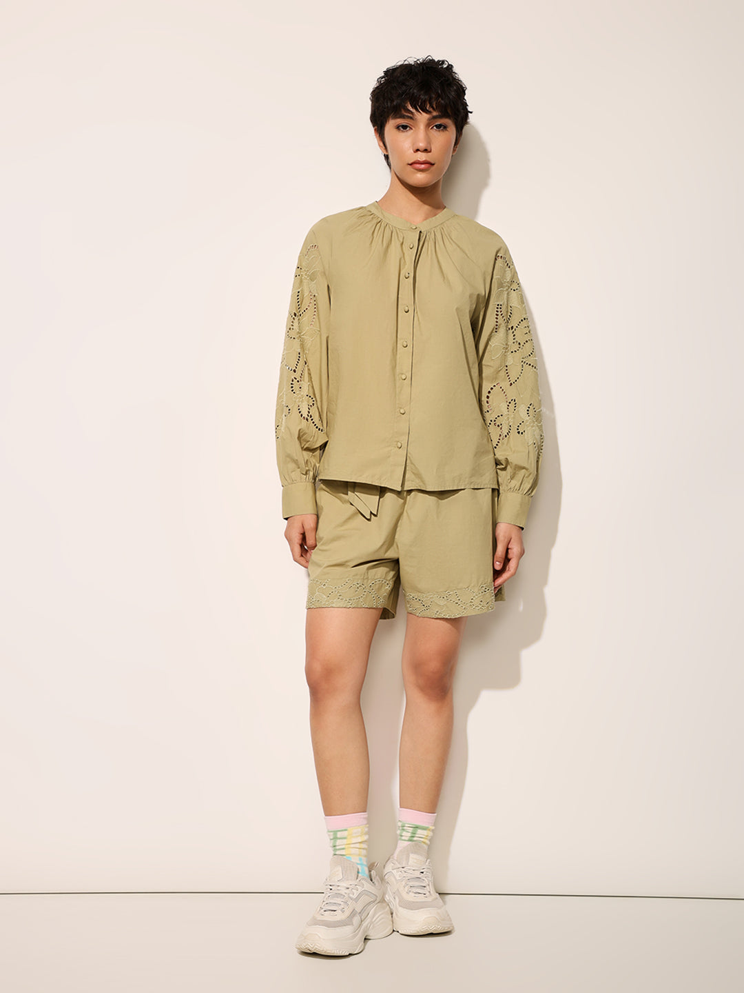 Green Embroidered Balloon Sleeves Top