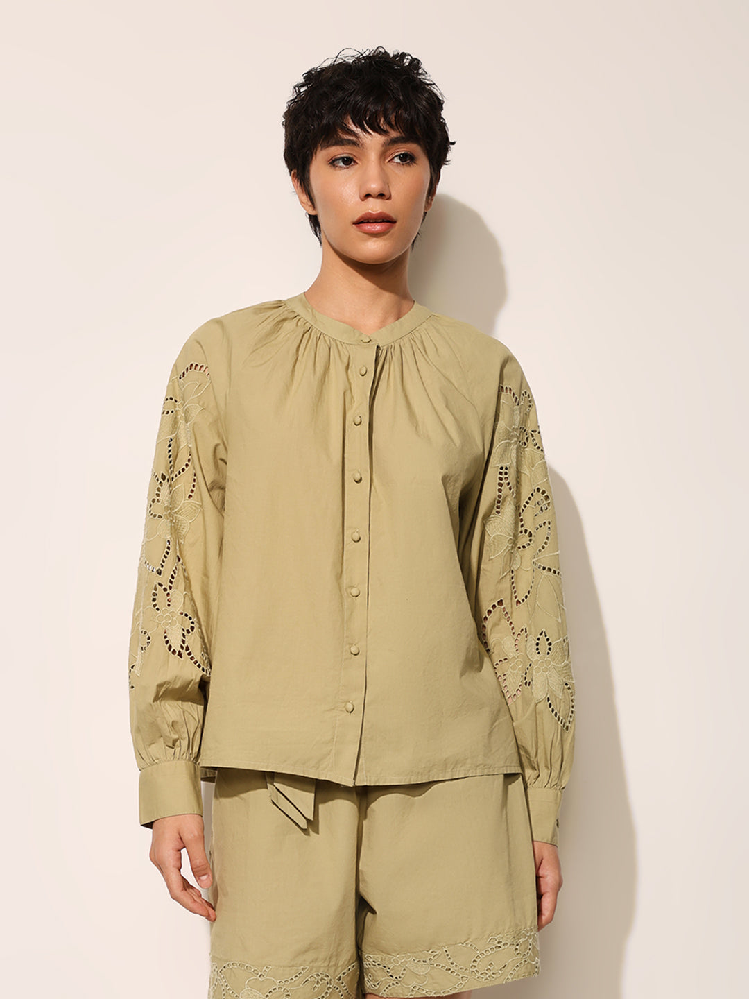 Green Embroidered Balloon Sleeves Top