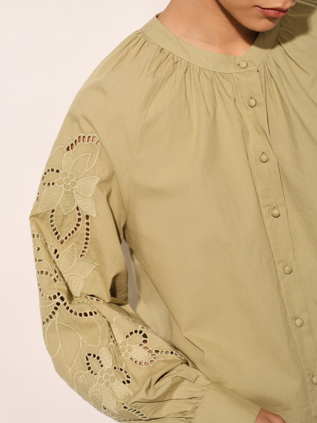 Green Embroidered Balloon Sleeves Top