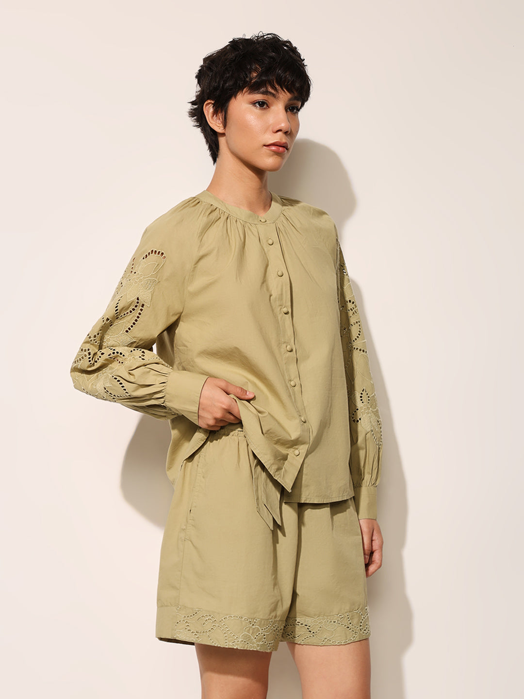 Green Embroidered Balloon Sleeves Top