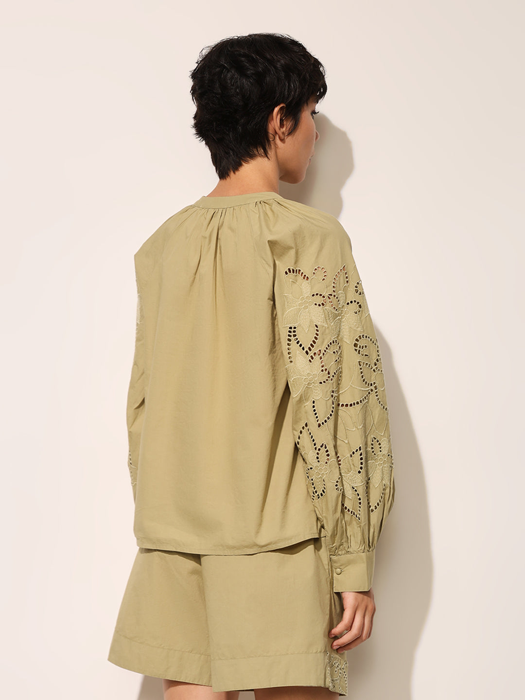 Green Embroidered Balloon Sleeves Top