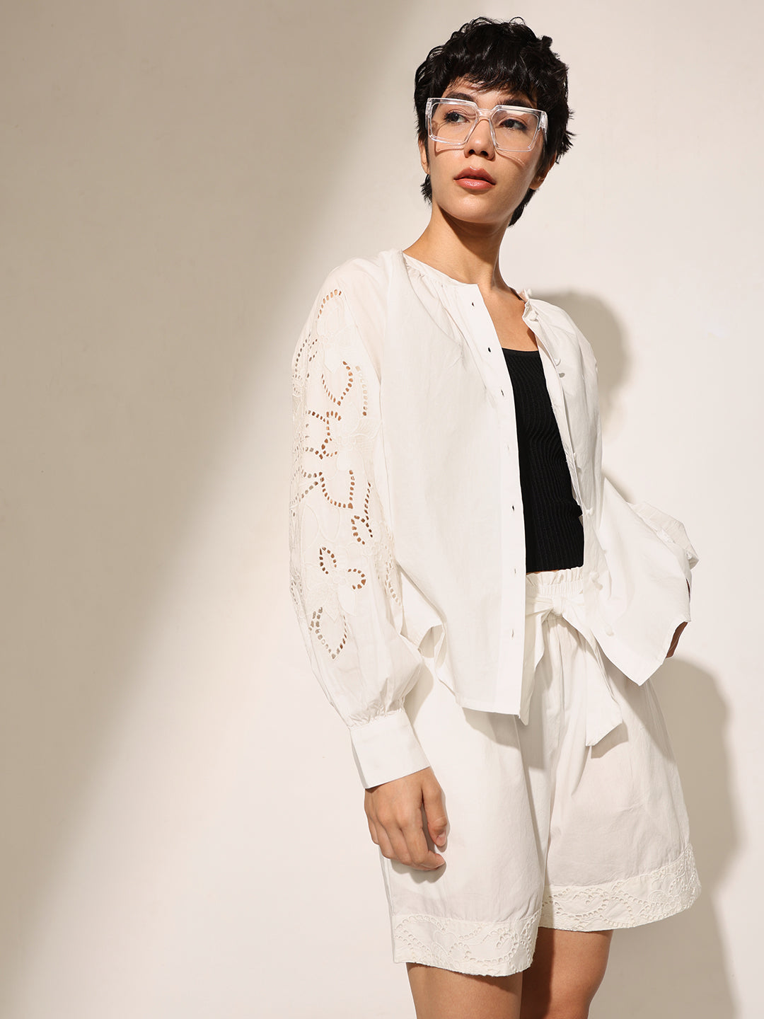 White Embroidered Balloon Sleeves Top