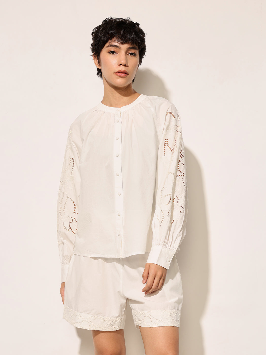 White Embroidered Balloon Sleeves Top