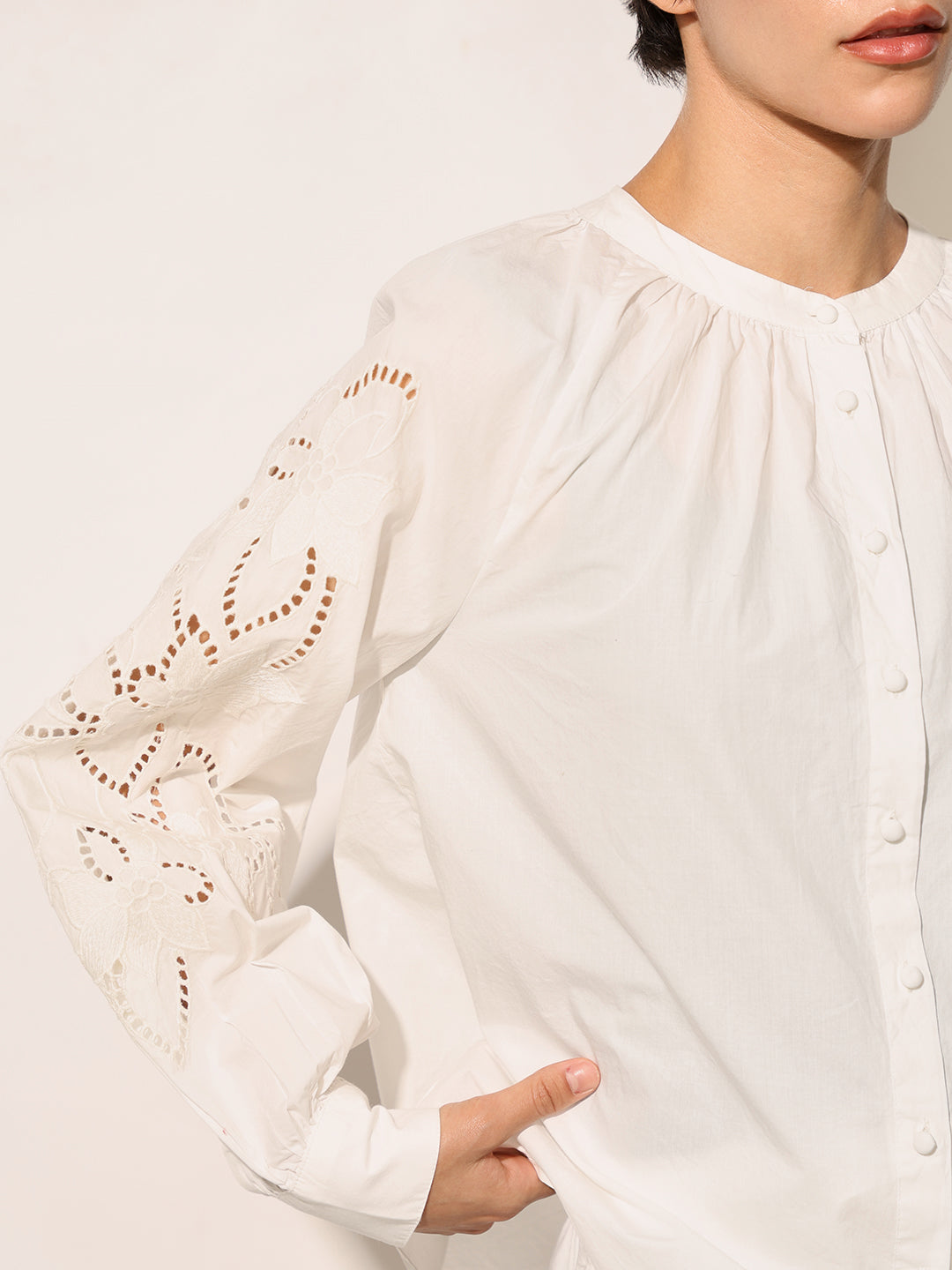White Embroidered Balloon Sleeves Top