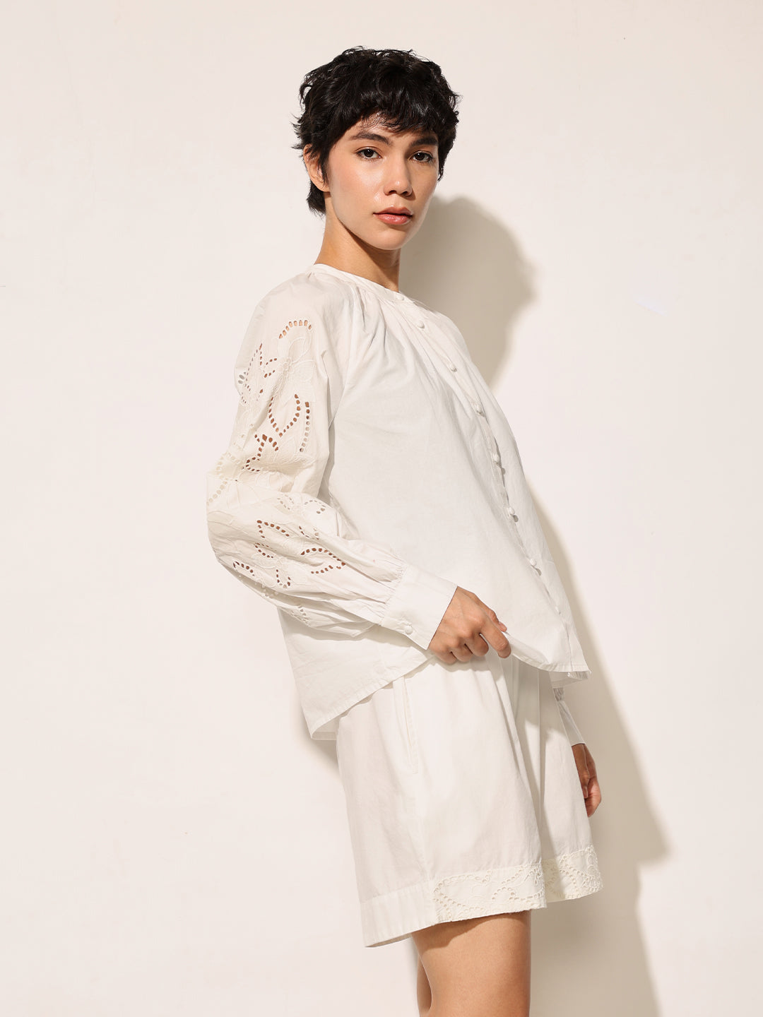 White Embroidered Balloon Sleeves Top